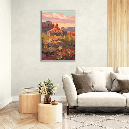 Sedona Desert Bloom Scenery - Living Room White Frame Canvas