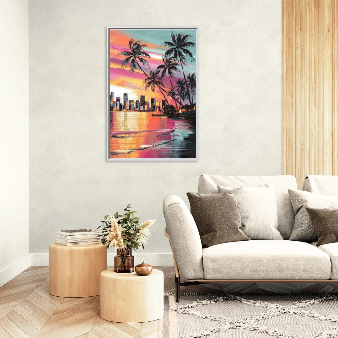 Miami Palm Trees and Sunset - Living Room White Frame Canvas