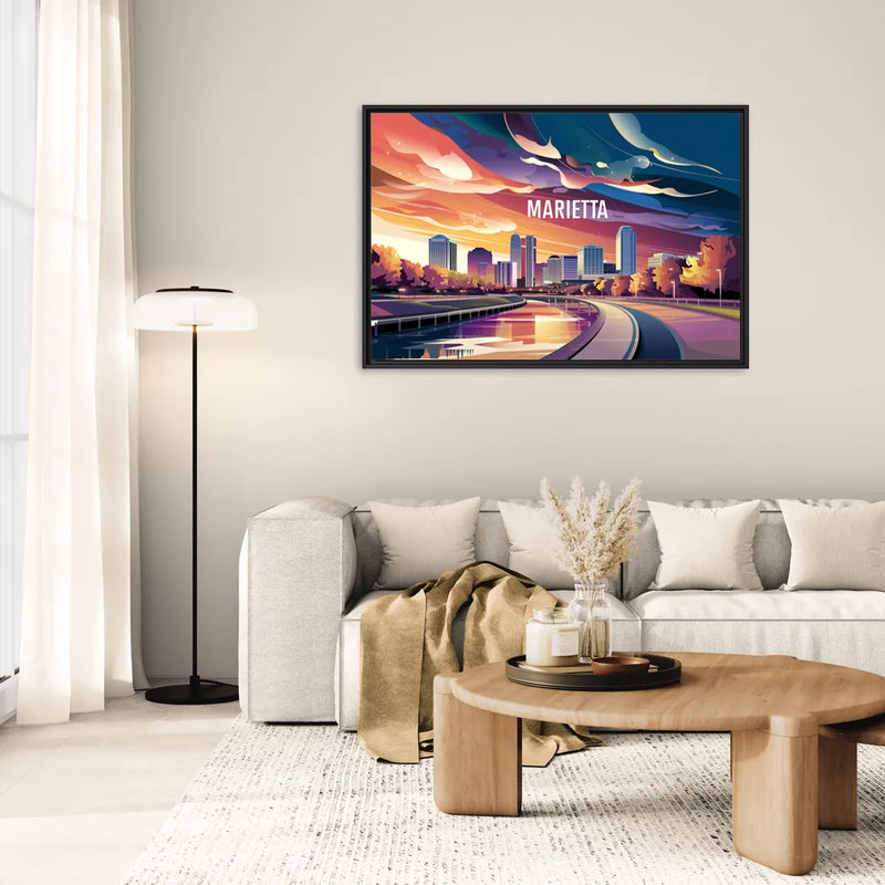 Marietta Skyline Sunset - Living Room Black Frame Canvas