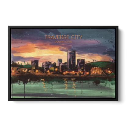 Traverse City Downtown Skyline - Black Frame Canvas
