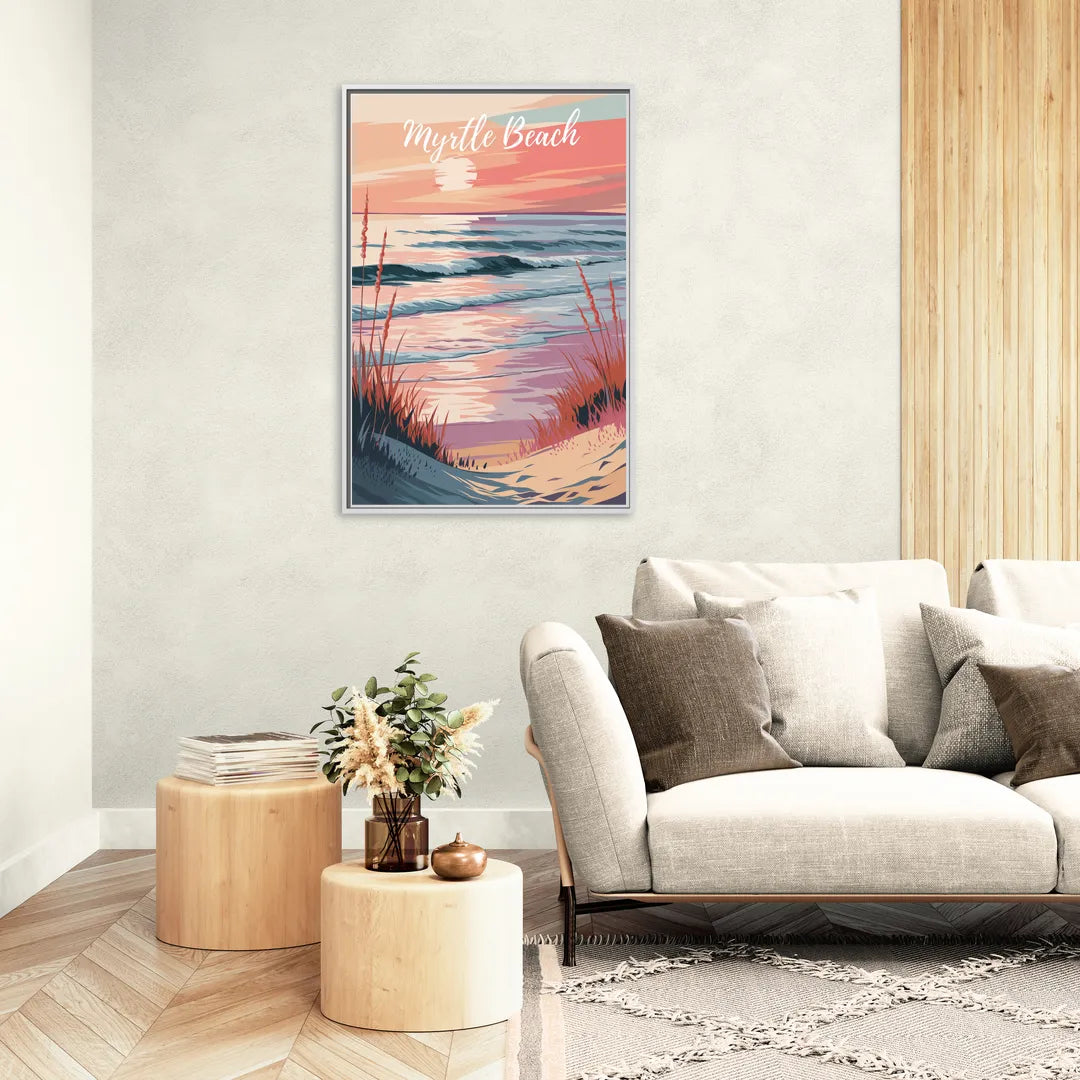 Myrtle Beach Sunset Reflections - Living Room White Frame Canvas