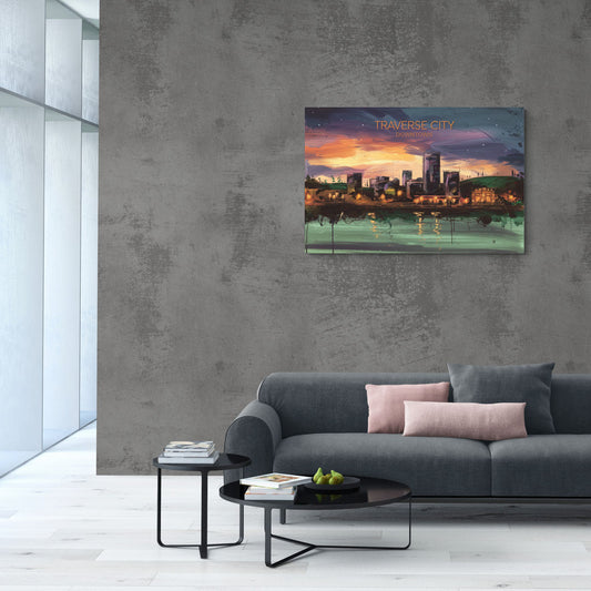 Traverse City Downtown Skyline - Canvas Wall Art Living Room