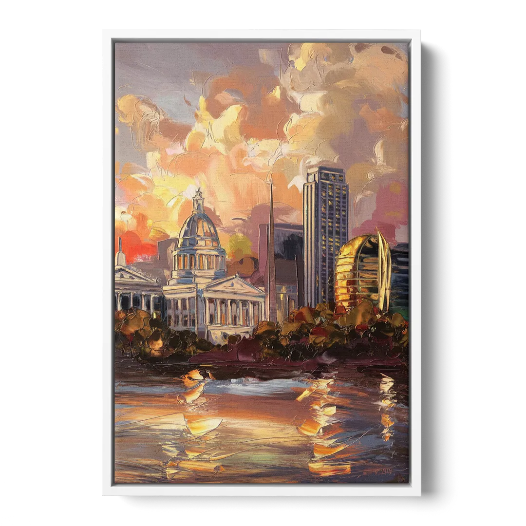 Little Rock Skyline at Sunset - White Frame Canvas