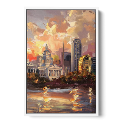 Little Rock Skyline at Sunset - White Frame Canvas