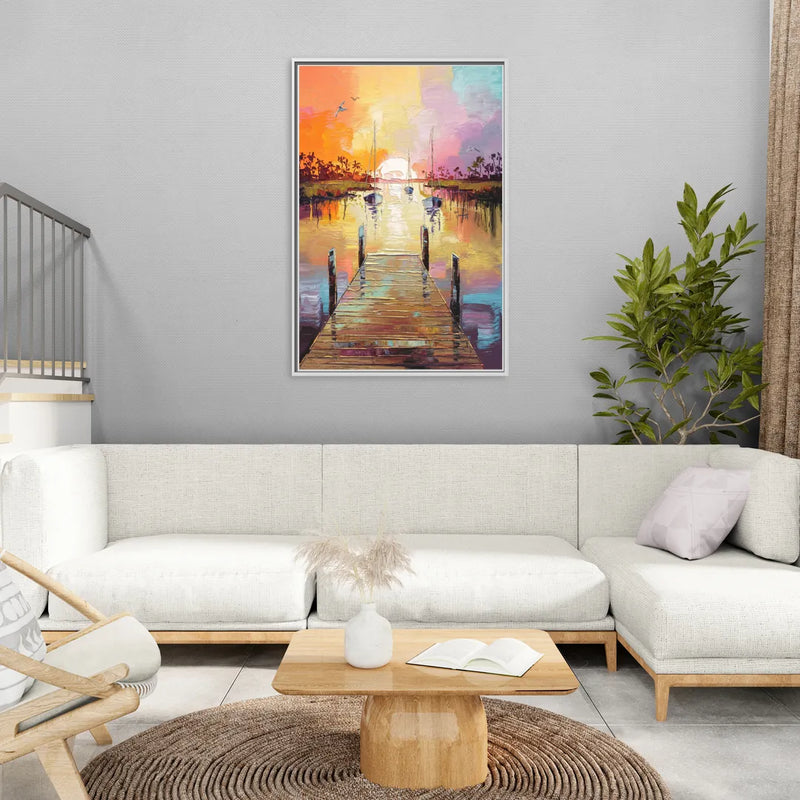 Charleston Harbor at Sunset - Living Room White Frame Canvas