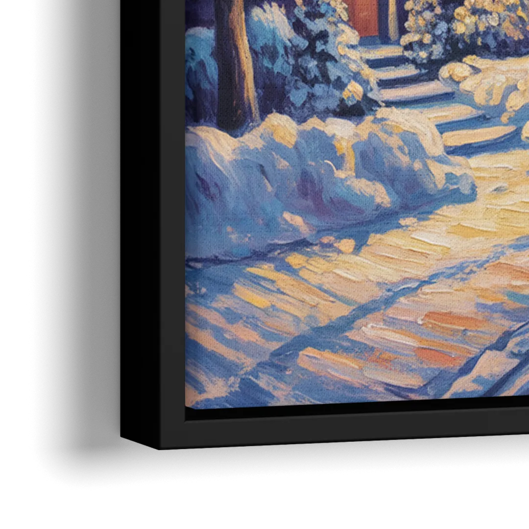Quebec Snowy Village Scene - Close-Up Black Frame Canvas