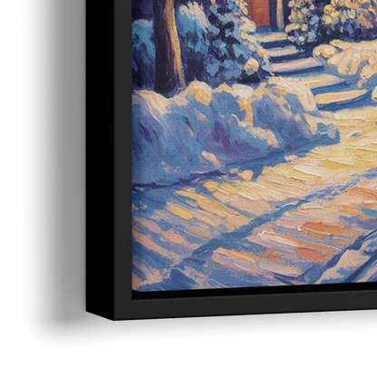 Quebec Snowy Village Scene - Close-Up Black Frame Canvas