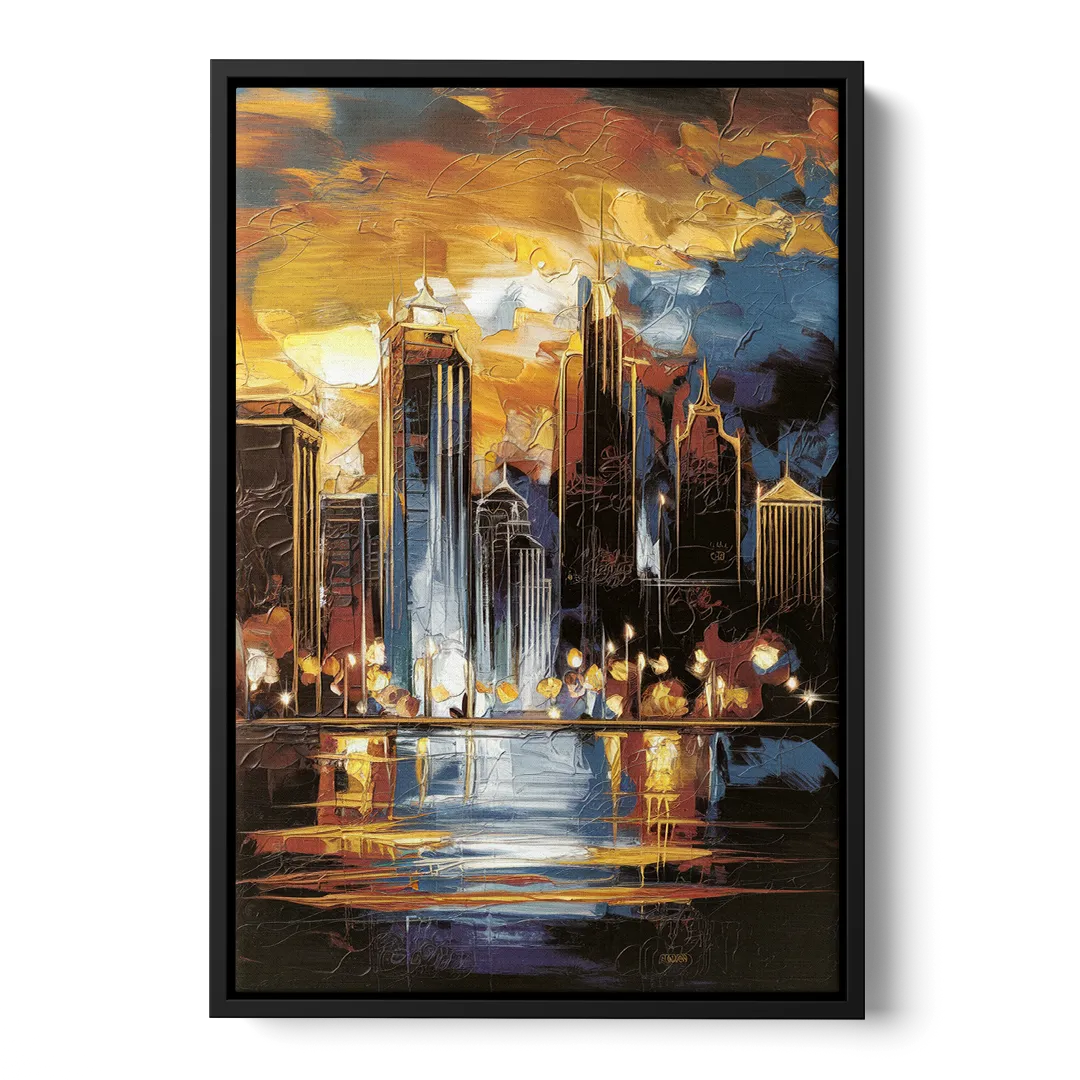 Kansas City Downtown By Night Panorama - Black Frame Canvas