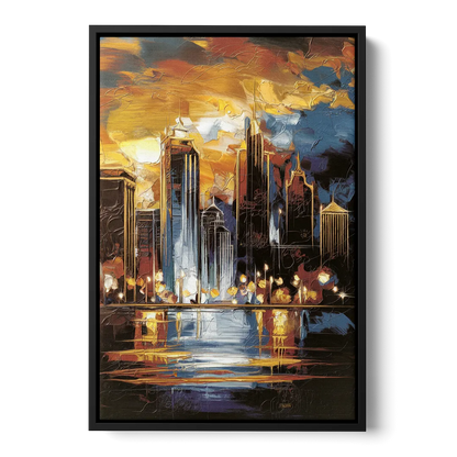 Kansas City Downtown By Night Panorama - Black Frame Canvas
