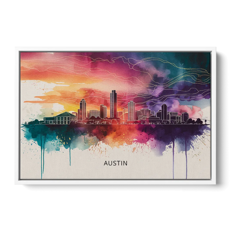 Austin Skyline Sunset Art - White Frame Canvas