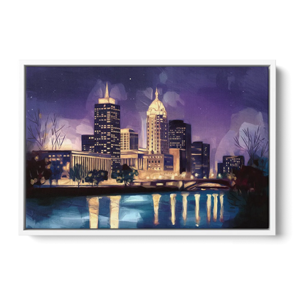Indianapolis Nighttime Skyline - White Frame Canvas