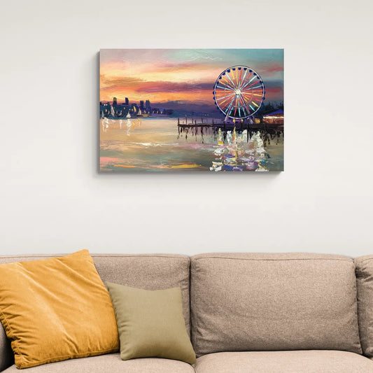 Seattle Harbor With Ferris Wheel - Canvas Wall Art Living Room