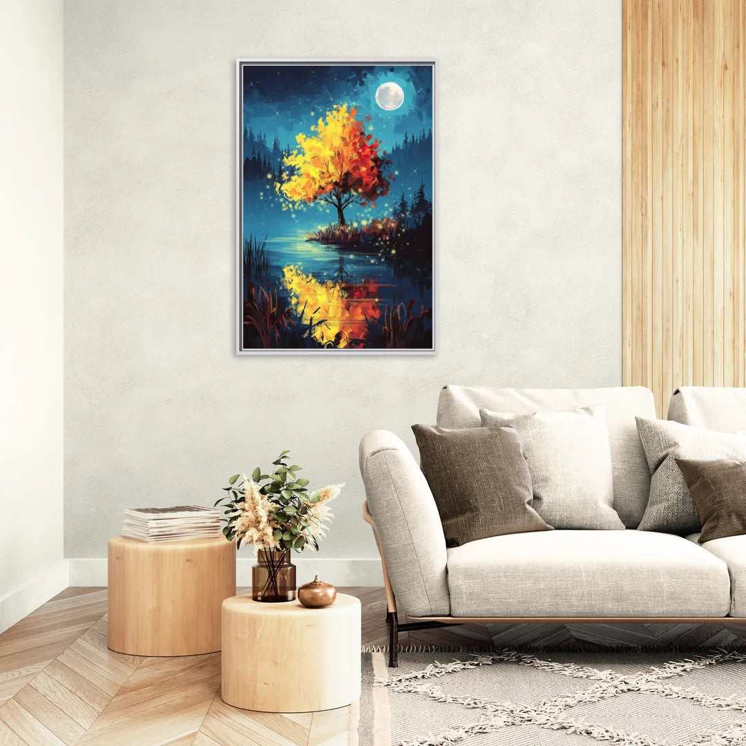 Charlotte Nighttime Glow - Living Room White Frame Canvas