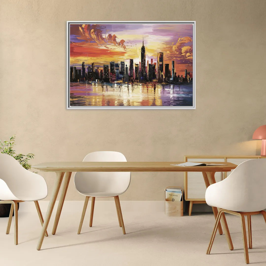 New York City Skyline At Sunset - Living Room White Frame Canvas
