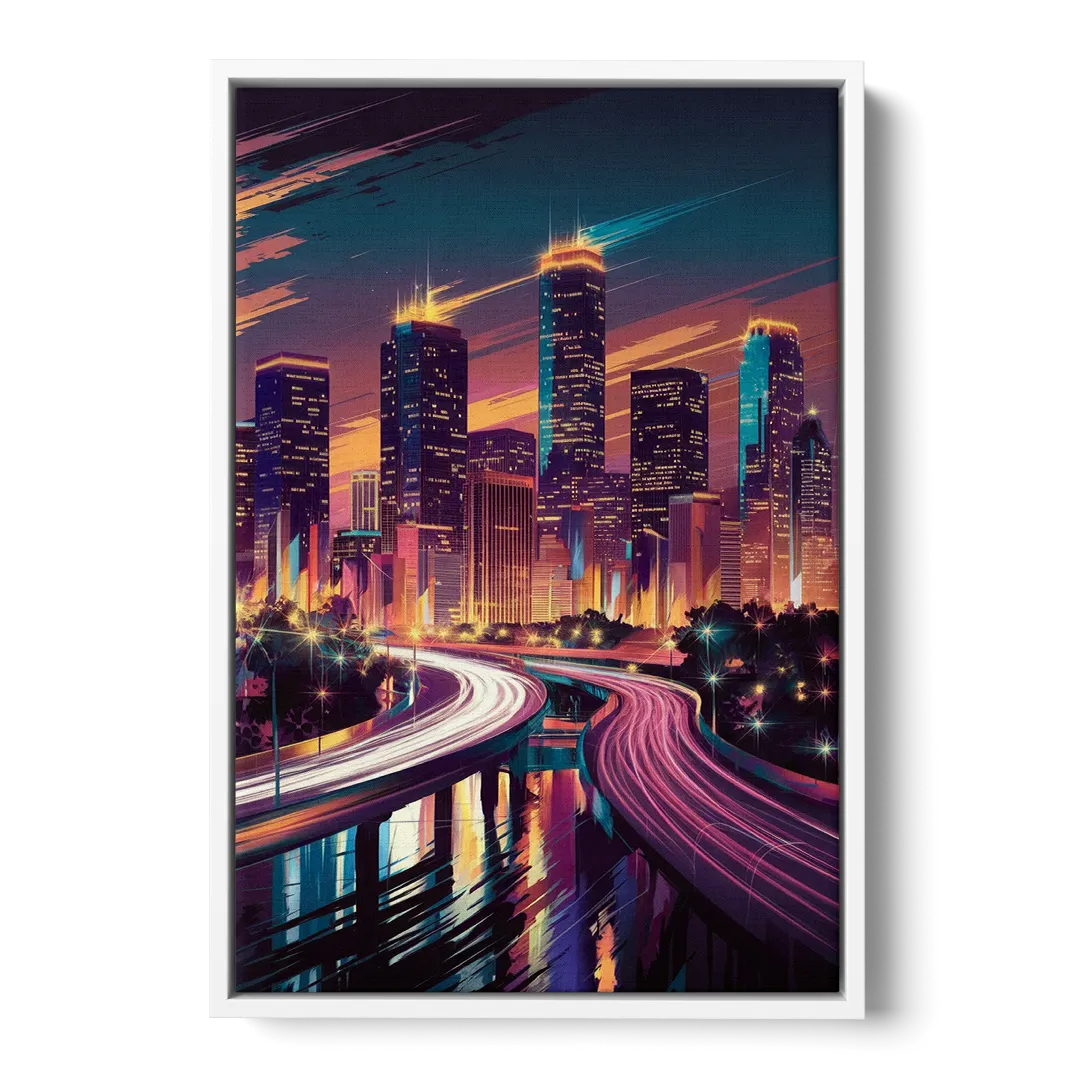 Houston City Lights - White Frame Canvas