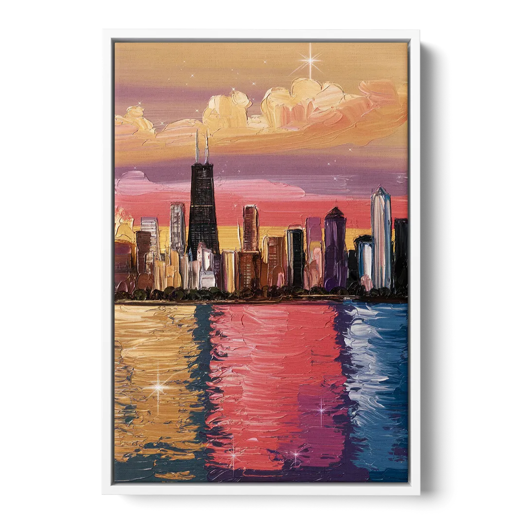 Chicago Skyline Reflections - White Frame Canvas