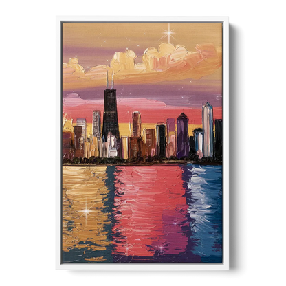 Chicago Skyline Reflections - White Frame Canvas