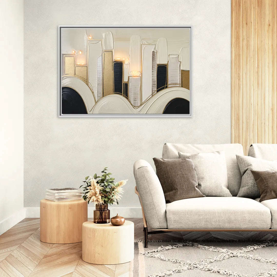 New York City Golden Glow Skyline - Living Room White Frame Canvas