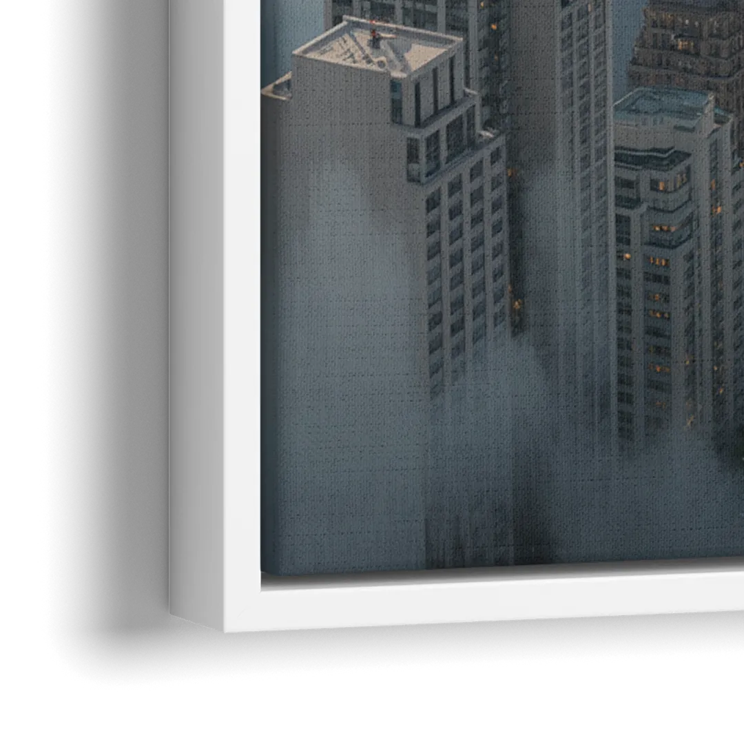 Vancouver Foggy Skyline - Close-Up White Frame Canvas