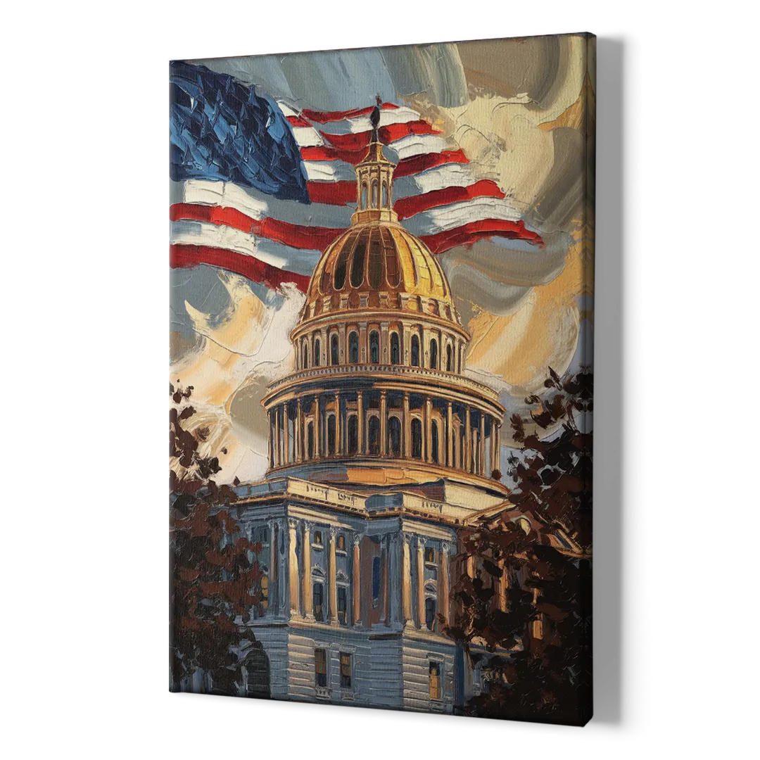 Savannah Capitol with American Flag - Canvas Print Art Sides