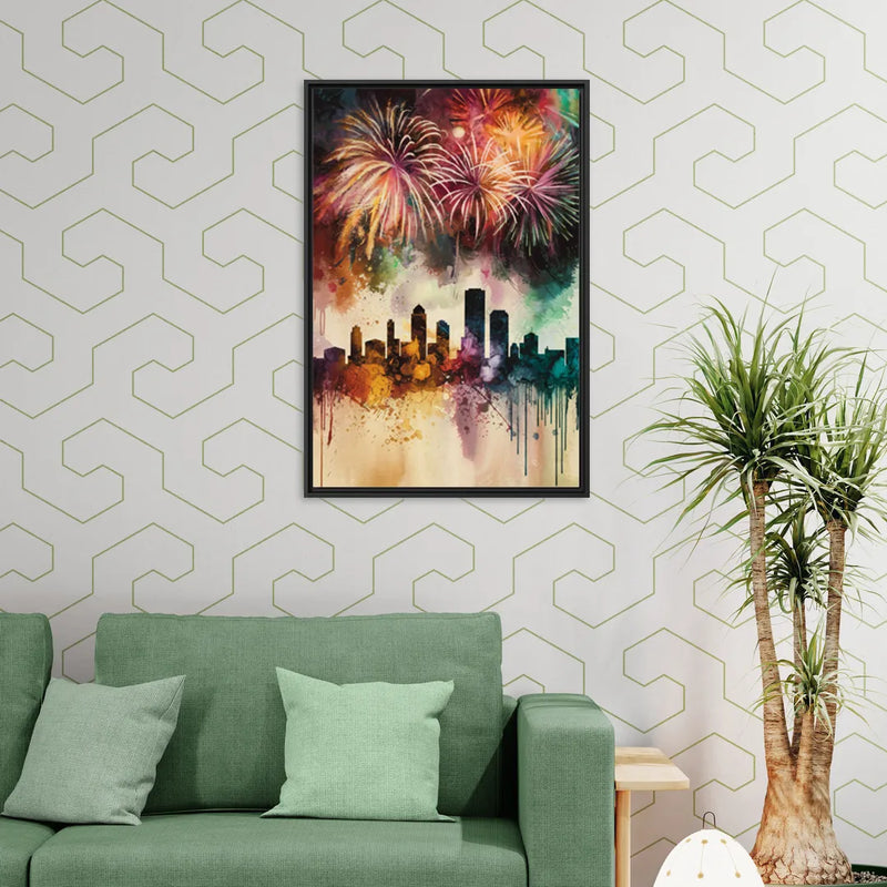 Buffalo Skyline with Fireworks - Living Room Black Frame Canvas