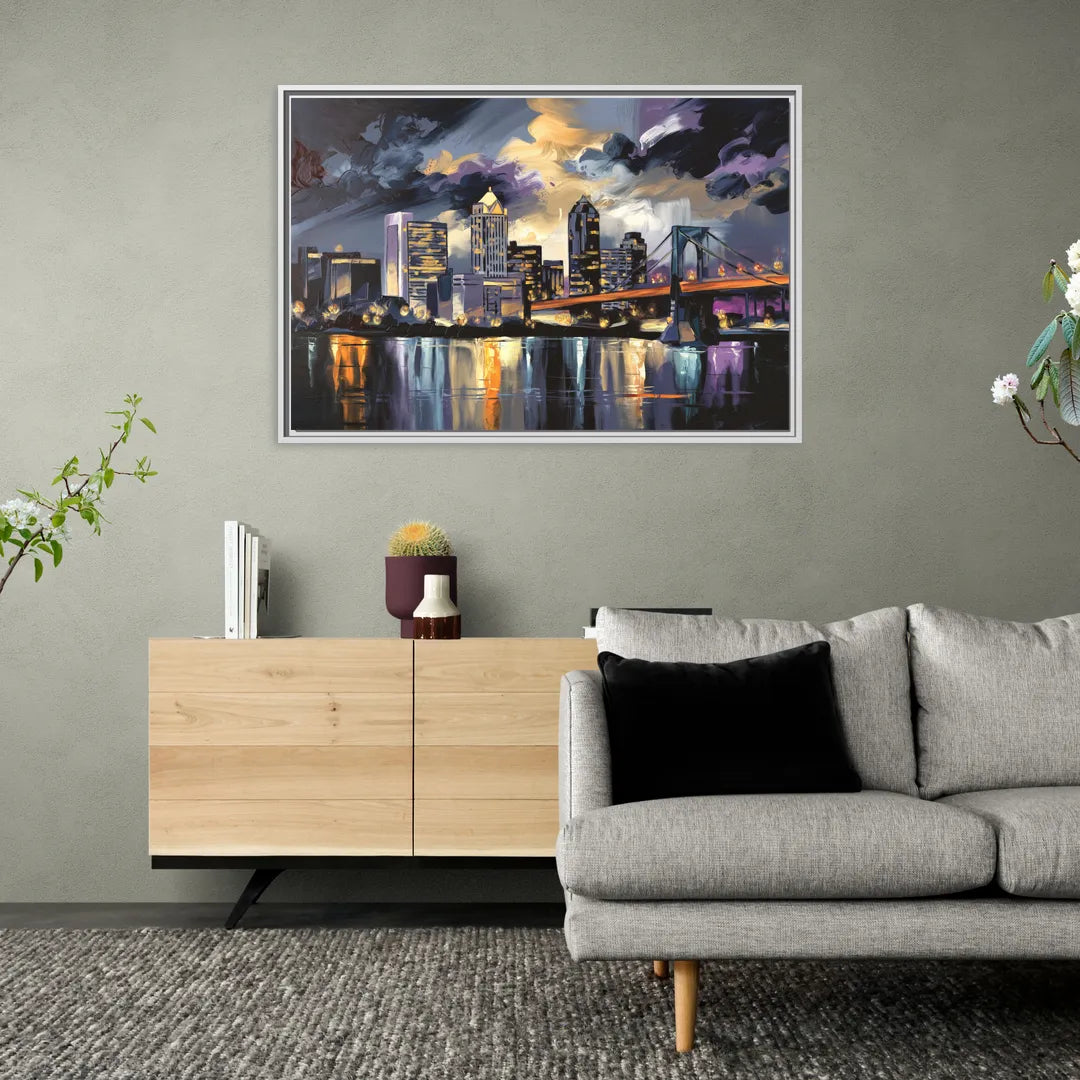 Toledo Nighttime Skyline - Living Room White Frame Canvas