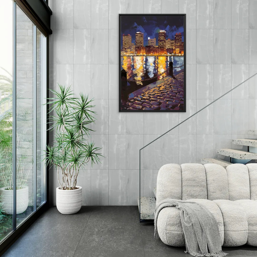 Boston Downtown Night Lights - Living Room Black Frame Canvas