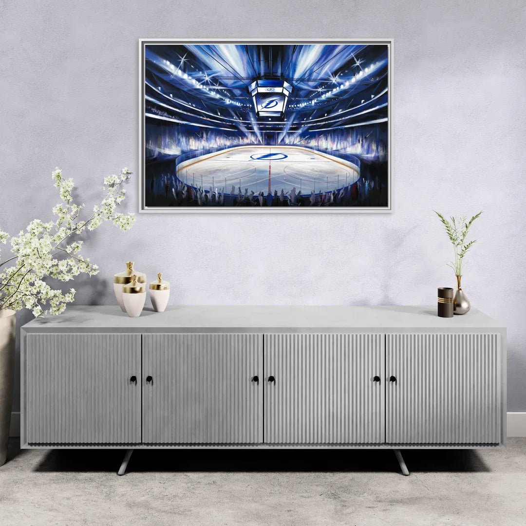 Tampa Bay Lightning Arena Lights - Living Room White Frame Canvas