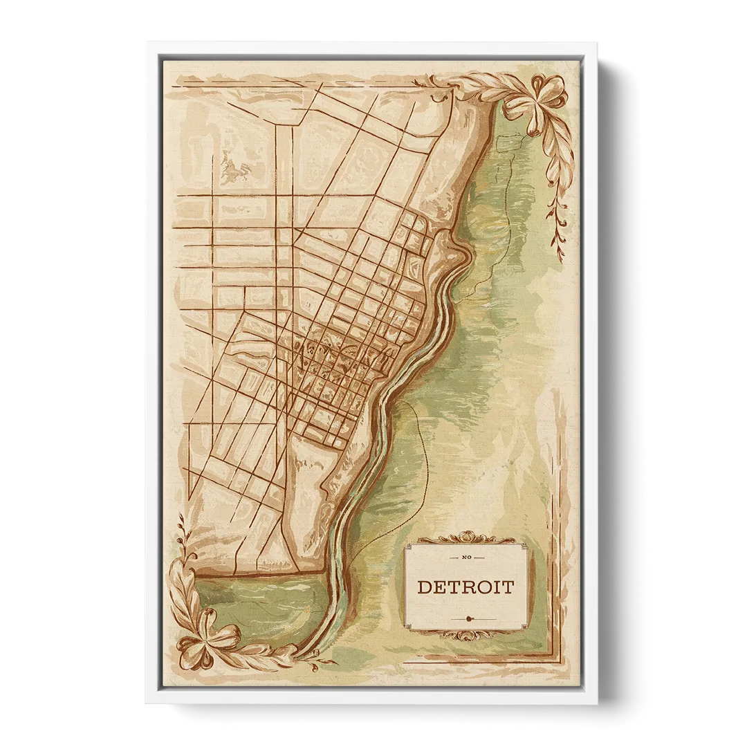 Detroit Vintage Map - White Frame Canvas