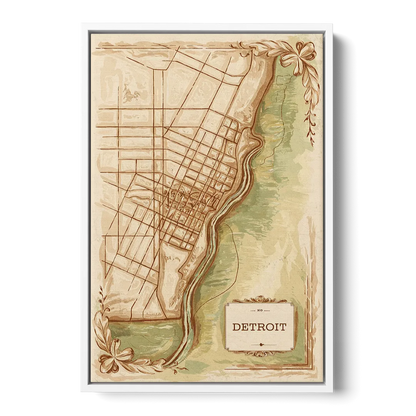Detroit Vintage Map - White Frame Canvas