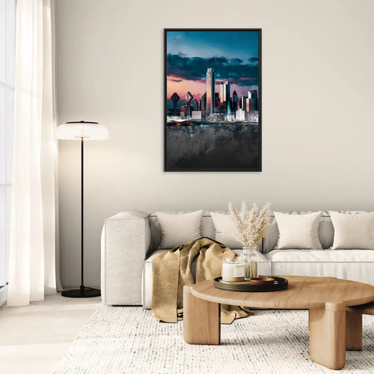 Dallas Cityscape Panorama - Living Room Black Frame Canvas