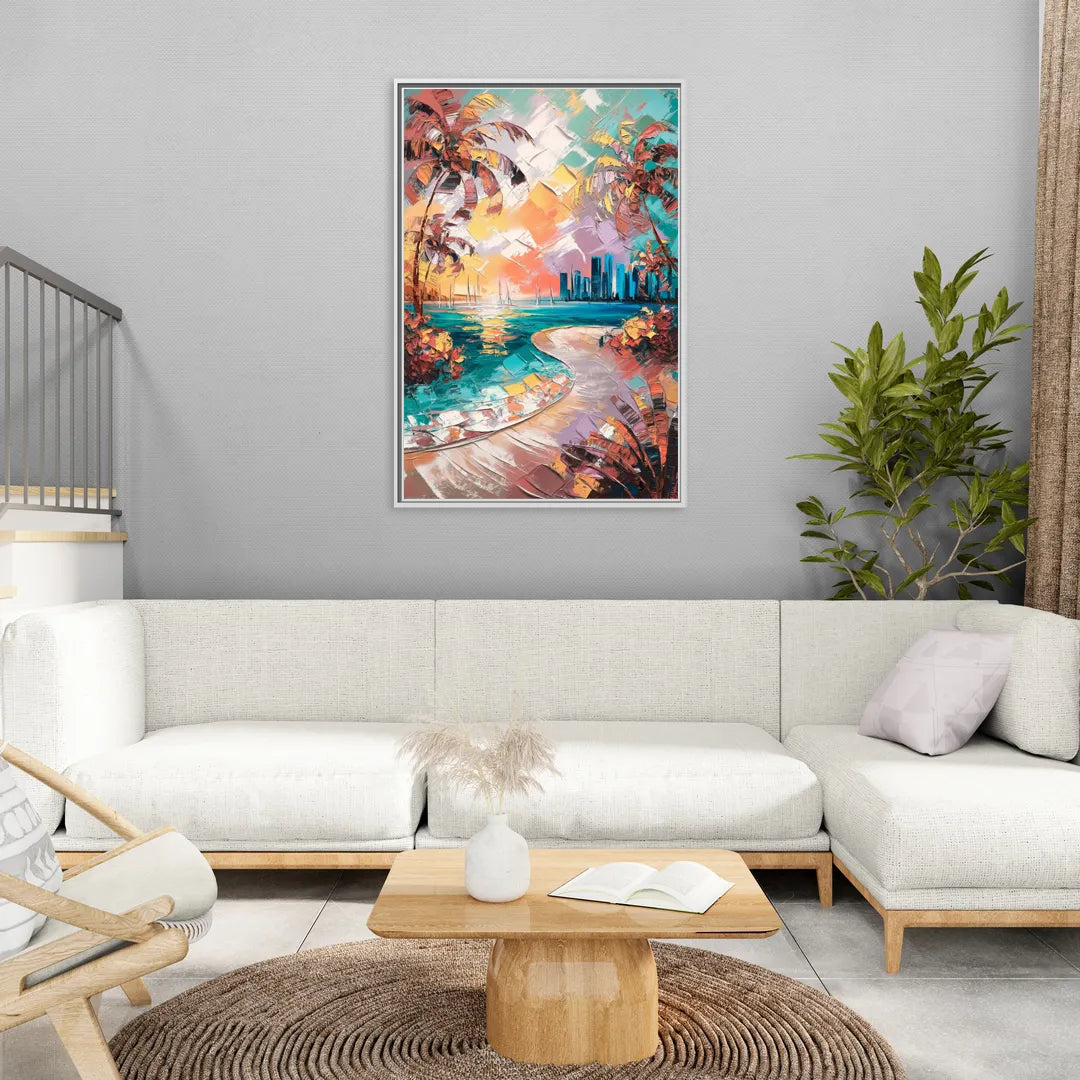 Miami Tropical Paradise - Living Room White Frame Canvas