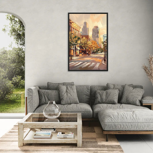 Raleigh Downtown Streetscape - Living Room Black Frame Canvas
