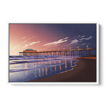 Huntington Beach Pier At Twilight - White Frame Canvas