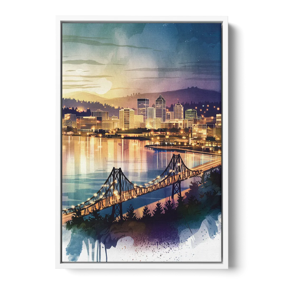 Tacoma Skyline View - White Frame Canvas