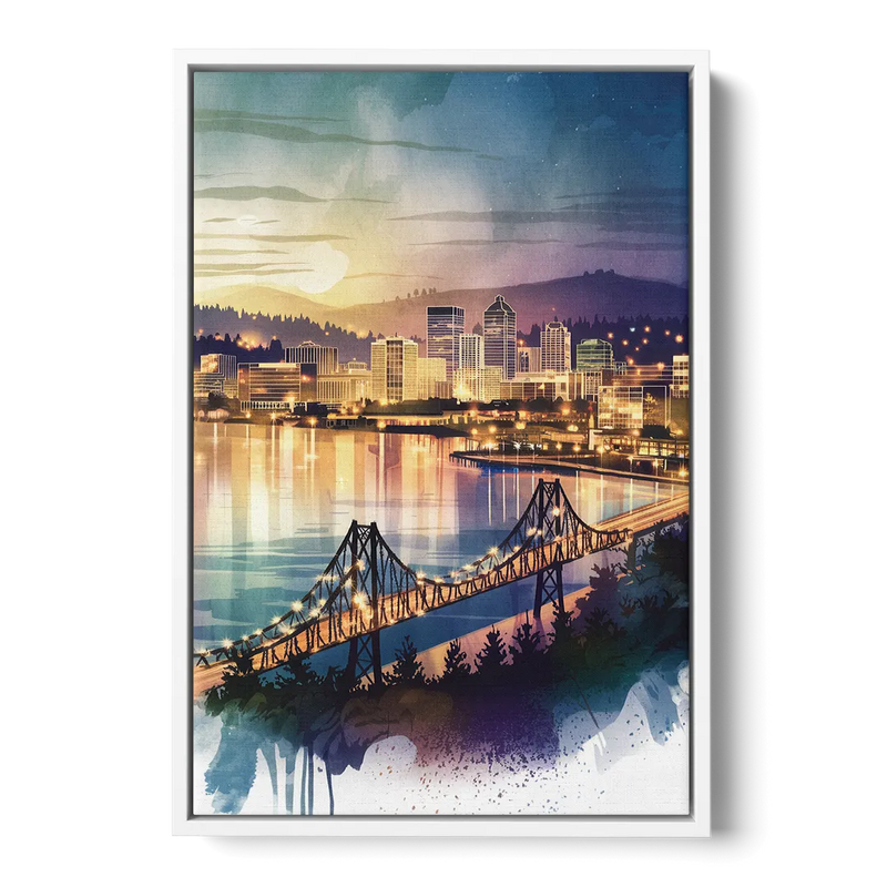 Tacoma Skyline View - White Frame Canvas