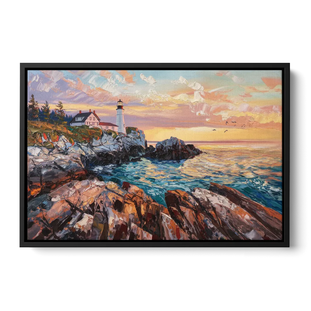 Bar Harbor Lighthouse Landscape - Black Frame Canvas