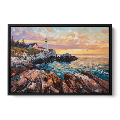 Bar Harbor Lighthouse Landscape - Black Frame Canvas