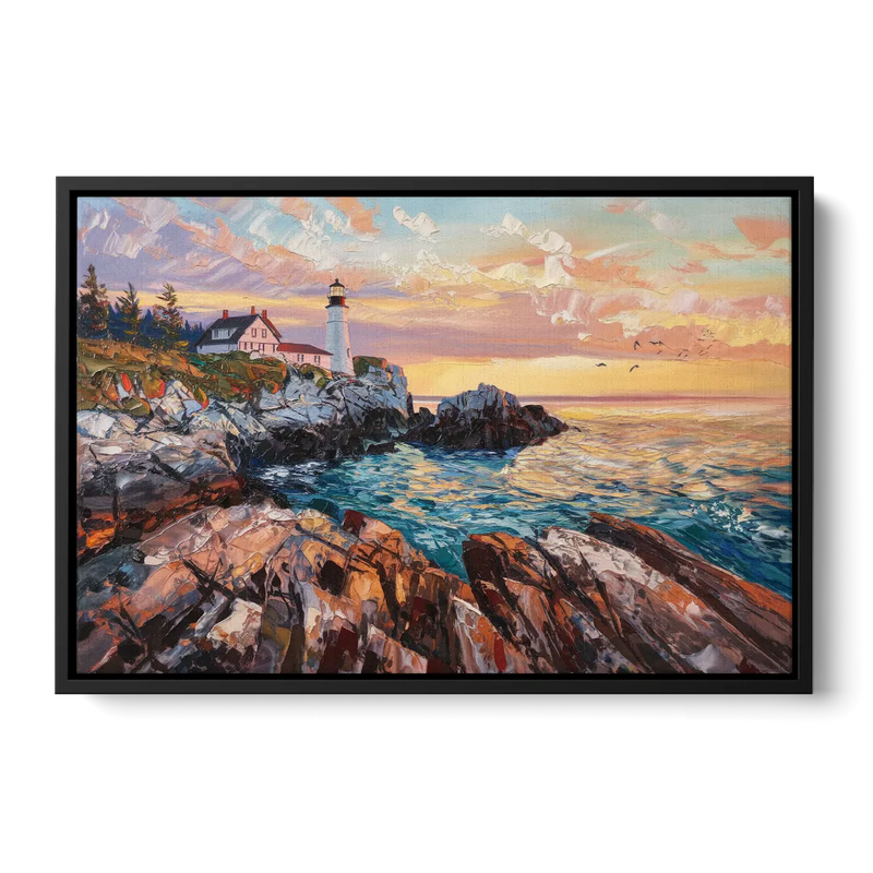 Bar Harbor Lighthouse Landscape - Black Frame Canvas