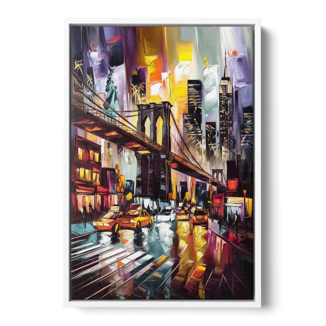 New York City Iconic Landmarks Collage Night - White Frame Canvas