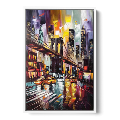 New York City Iconic Landmarks Collage Night - White Frame Canvas