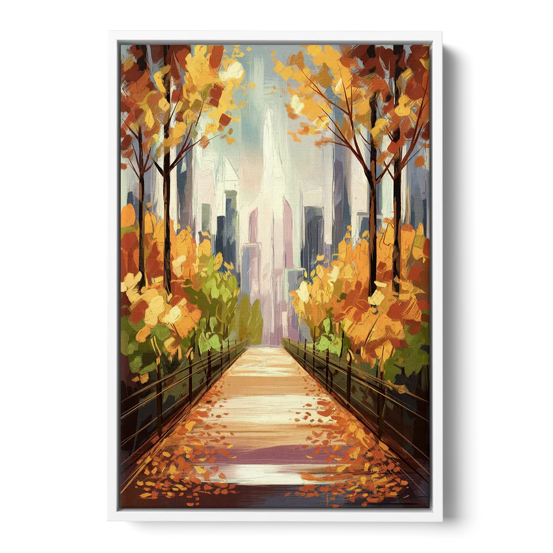 New York City Central Park in Fall Sunny - White Frame Canvas