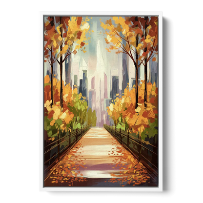 New York City Central Park in Fall Sunny - White Frame Canvas