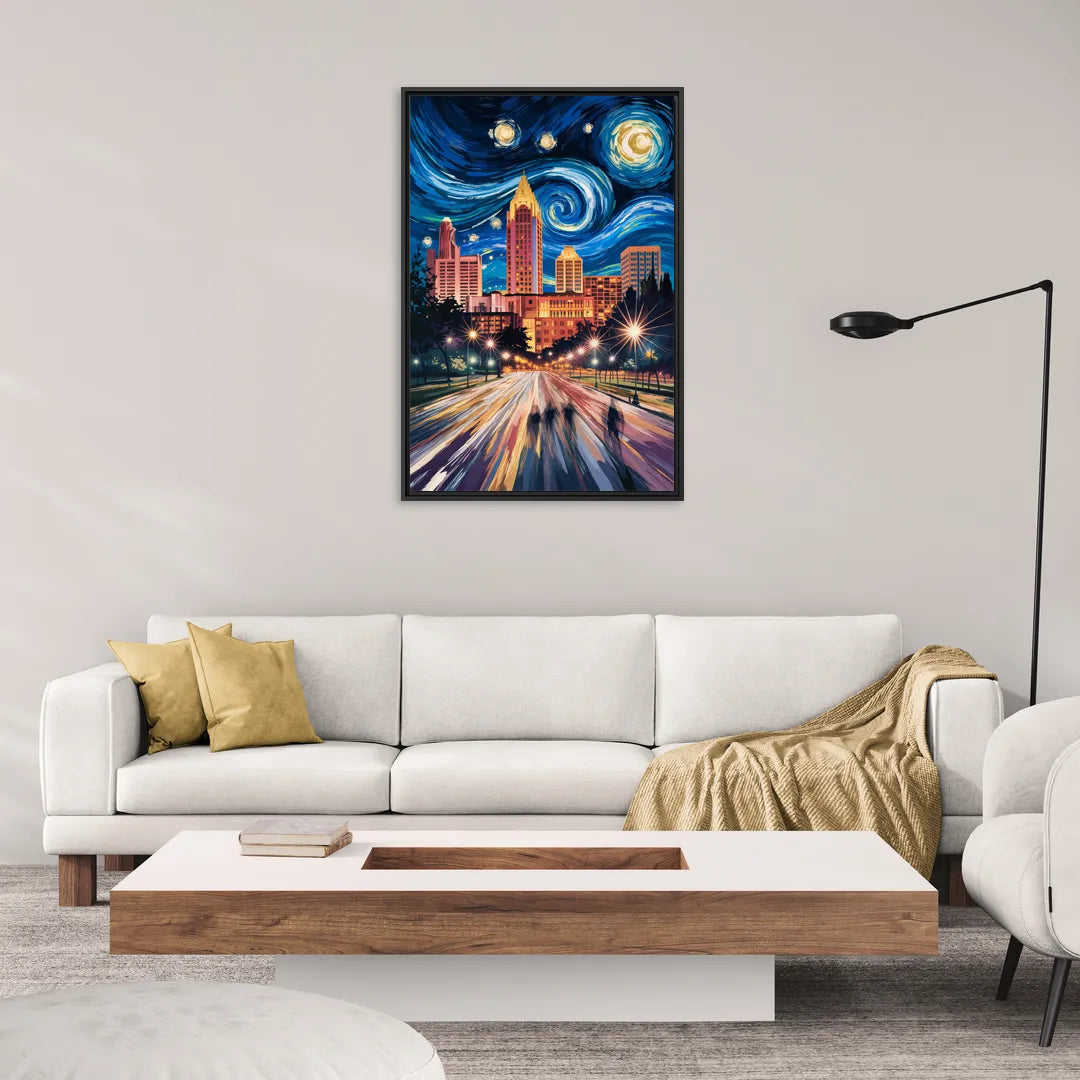 Raleigh Urban Night Lights - Living Room Black Frame Canvas