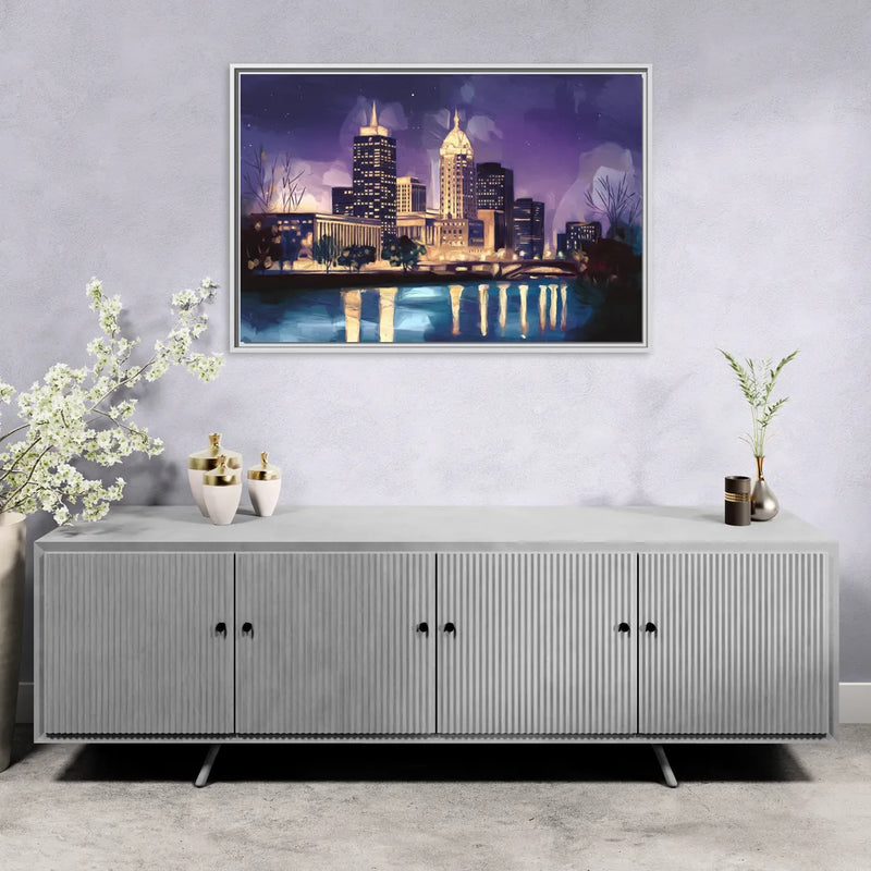Indianapolis Nighttime Skyline - Living Room White Frame Canvas