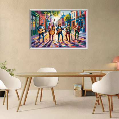 Quebec City Street Musicians - Living Room White Frame Canvas