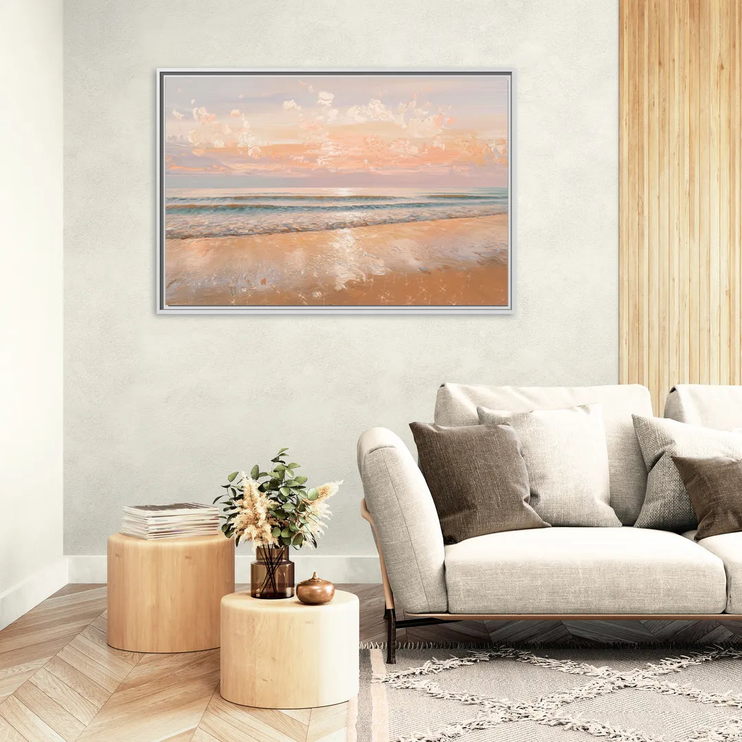 Seaside Waves And Sand - Living Room White Frame Canvas
