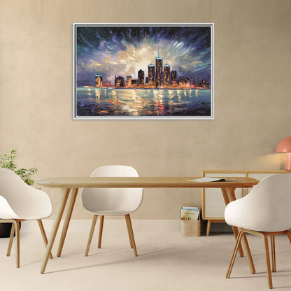 Detroit Skyline And Stars - Living Room White Frame Canvas
