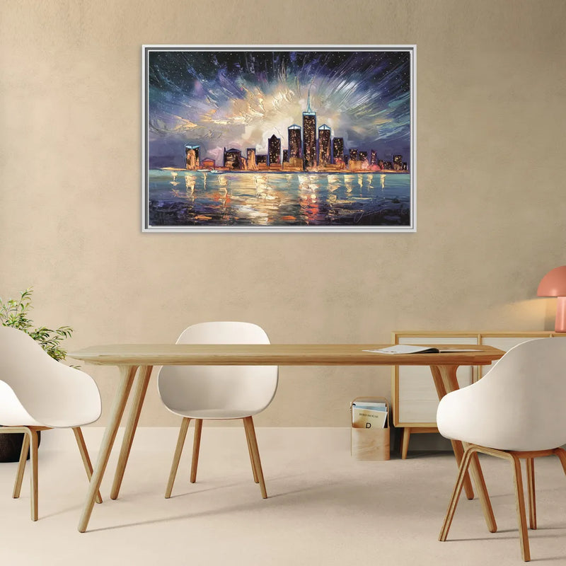 Detroit Skyline And Stars - Living Room White Frame Canvas
