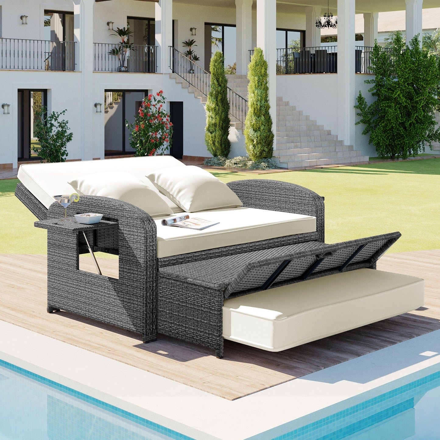 Elegant PE Wicker Double Chaise Lounge - 2-Person Patio Daybed with Recliner